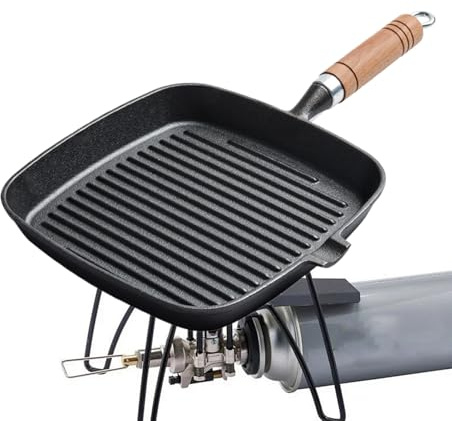 Padella per bistecca da campeggio, con manico in legno, ergonomica, resistente al calore, multifunzione, per panini, hamburger, pancetta