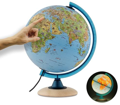 ORBIT Globes & Maps - Globo terráqueo infantil - Globo terráqueo de 25 cm con base de madera, Idioma Español con muchas ilustraciones para niños con luz LED y meridiano azul