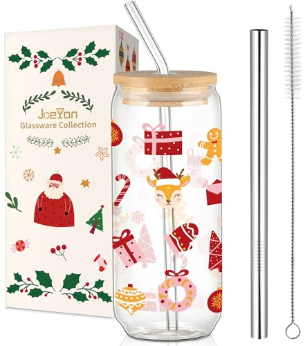 Joeyan Christmas Glass Cups with Lids and Straws, Tumbler Boba Iced Coffee Cup with Gingerbread Man Elk Patterns, Cute Bubble Tea Can Drinking Glasses, Aesthetic Xmas Gift for Kids Women Men, 600ML