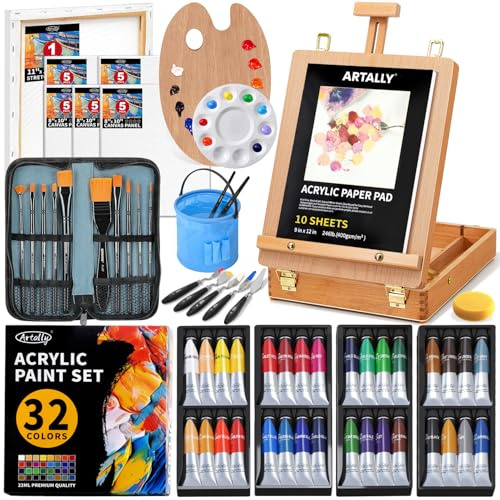 66-Piece Acrylic Painting Kit with Desktop Box Easel,32 Colors Acrylic Paint Set(22ML), Paint Brush Set & Case, Brush Basin, Complete Art Supplies Painting Set for Adults, Artists, Beginners