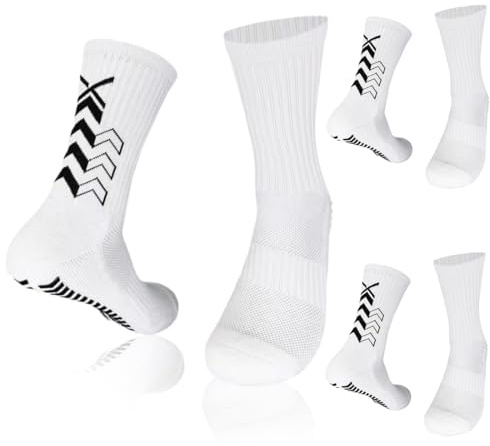 WUMZIRA 3 Paia Calze Antiscivolo Calcio Calzini Grip Calcio in Silicone Grip Anti Vesciche Calzini Sportivi Donna Traspirante Calze Antiscivolo Calcio per Ciclismo Trekking Uomo 37-46 - Bianco