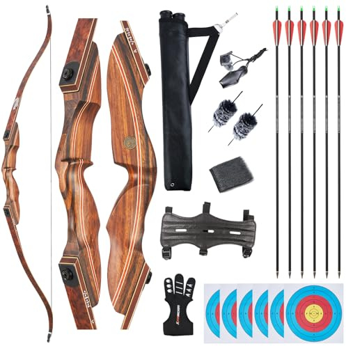 TOPARCHERY Archery 60 Bow and Arrow Set for Adults Youth Beginners, Precious Ebony and Yellow Rosewood Practice Competition Longbow Kit Right Hand-50LB