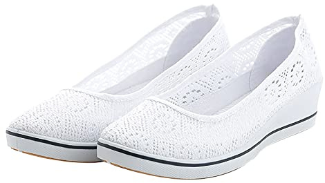 Ballerina skor dam bekväma platta ballerinaskor andningsbara snörskor för kvinnor, fritidsskor, unisex, lätta nätarbetsskor, sportiga, ventilerande slip-on-arbetsskor, barfota ballerina, Vit, 40 EU