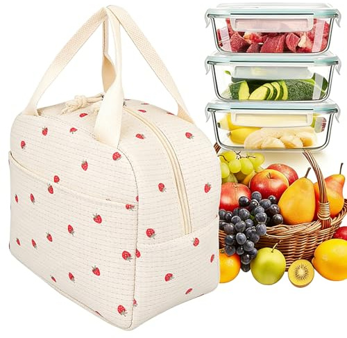 JUNJIEFU Bolsa de Almuerzo de 9L, Bolsa Térmica Comida Trabajo para Mujer, Bolsa Isotérmica Reutilizable, Bolsa de Almuerzo de Pana Fresa Beige para Trabajo, Escuela, Pícnic, Playa