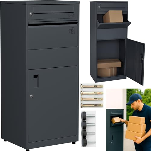 ALSTEN TECH Paketbox Paketkasten für Pakete Briefe Anthrazit Matt RAL7016 | Kurierbox für kontaktlosen Empfang aus pulverbeschichtetem Stahl, wetterfest und sicher