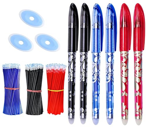 66 Piezas Recambios Bolígrafo Borrable 0,5 mm, Tinta Termosensible Repuesto con 6 Bolígrafos y 3 Gomas, Compatible con Frixion, Escritura Suave Precisa, Colores Negro Azul Rojo