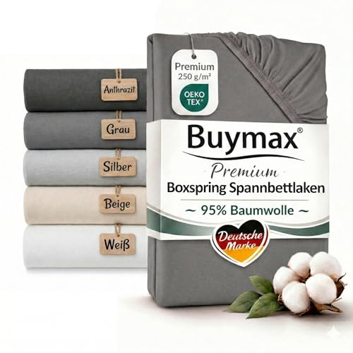 Buymax Boxspringbett Spannbettlaken 180x200 bis 200x220 cm Grau – Premium Jersey 250 g/m² – 95% Baumwolle 5% Elastan – bis 35 cm Matratzenhöhe