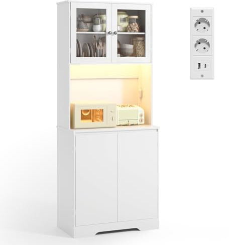 Xbro Credenza Cucina Alta con LED RGB e Presa Integrata, Mobile Cucina Salvaspazio con Vano Microonde e Ante in Vetro, Dispensa Moderna Coffee Station, 73x40x180 cm