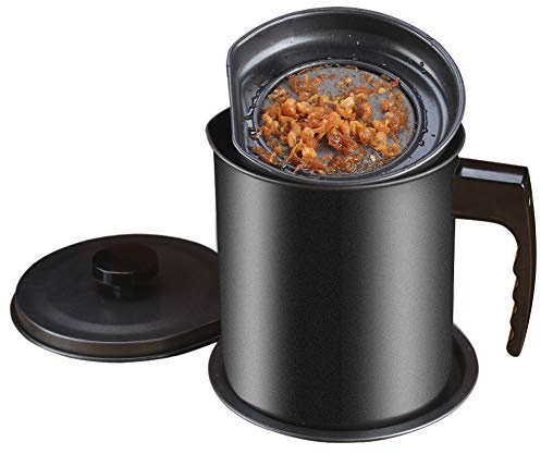 Ourokhome Bacon Grease Container with Strainer- 1.3 L or 5.2 Cup Iron Kitchen Oil Storage Can with Fine Mesh Strainer for Storing Hot Frying Oil, Fat (Black)