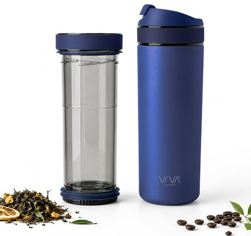 VIVA Recharge Pro Thermobecher, auslaufsicher, Kaffee & Tee, 460 ml, Blau | Doppelwandig isolierter Edelstahl-Thermobecher, auslaufsicher, mit Sieb. Lange heiss oder kalt.