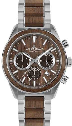 JACQUES LEMANS Herrenuhr, Eco Power Uhren Männer, Chronograph aus massivem Edelstahl mit Apfel-Leder Armband, Model 1-2115