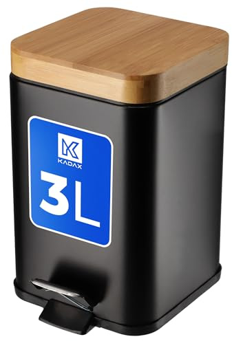 KADAX Abfallbehälter aus pulverbeschichtetem Stahl, 3L, Eimer mit Kübel und Fußpedal, Abfalleimer mit Absenkautomatik, Mülleimer mit Bambusdeckel (Schwarz)