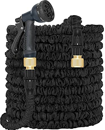 Flexible Garden Hose Pipe 100FT Hosepipes Expanding Hose Magic Hose Extension Watering Hoses with 7 Function Spray Gun & Solid Brass 3/4, 1/2 Fittings, Expandable Hosepipe for Garden - Black