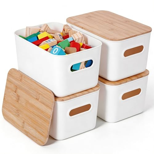 Citylife Storage Bins with Bamboo Lids 7QT Plastic Storage Containers Stackable Organizer Boxes with Handle for Desk Snacks, Toys, 4 PCS, 10 L x 7 W x 5.8 H