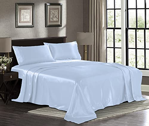 Satin Sheets Queen [4-Piece, Baby Blue] Hotel Luxury Silky Bed Sheets - Extra Soft 1800 Microfiber Sheet Set, Wrinkle, Fade, Stain Resistant - Deep Pocket Fitted Sheet, Flat Sheet, Pillow Cases