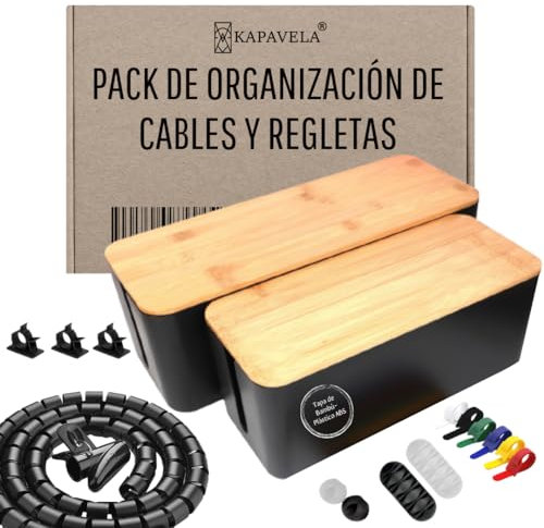 Kapavela - Pack 2 Cajas Organizadora de Cables de Madera, para esconder y Ocultar Cables TV - Recoge y Guarda Cables de Mesa y Escritorio.