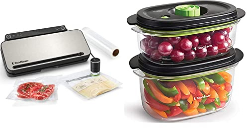 FoodSaver Premium VS3190X Envasadora al vacío,4 bolsas & 4 bolsas con cierre tipo zip, Acabado plata y negro & FoodSaver Recipiente para conservar y marinar al vacío