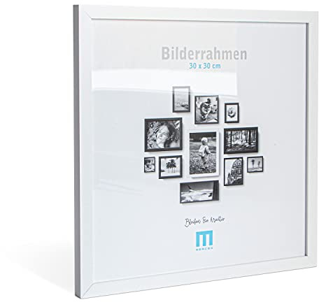 Zeitlos, moderner Bilderrahmen aus MDF, weiß für 30x30 cm kleine Fotos und Bilder. Inkl. Acrylglasschutz. Er eignet sich als Tisch-Aufsteller und für die Wand, im Hochformat oder Querformat.