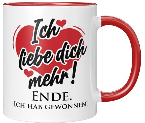 TassenTicker - Tasse mit Spruch - Ich liebe dich mehr - Geschenk für die Freundin, Freund - Valentinstag - Jahrestag - Weihnachten - Ehe (Rot)