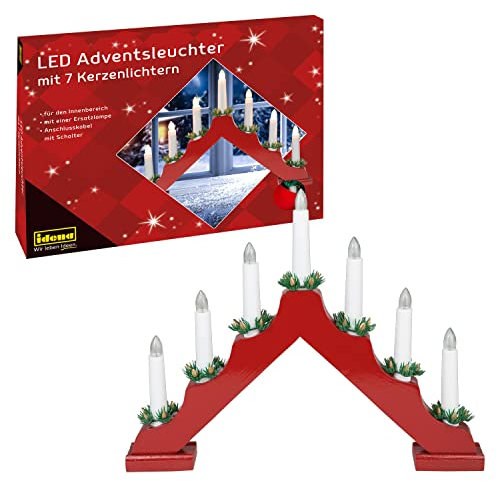 Idena 31604 - Portavelas de Adviento LED de madera lacada en rojo con 7 velas LED blanco cálido, arco de vela con bombilla de repuesto e interruptor, decoración navideña de interior