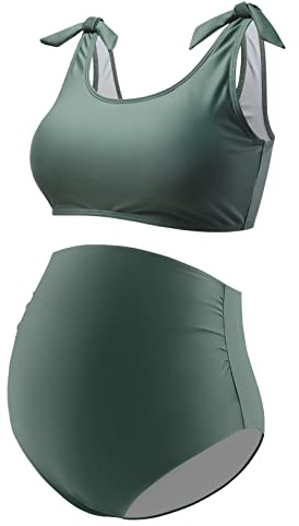 GINKANA Maternity Bikini Set Two Pieces Pregnancy Bathing Suits Shoulder Straps High Waisted Summer Swimwear,Olive,L