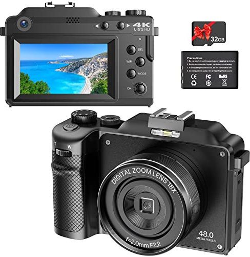 Appareil Photo numérique Vmotal 4K 30FPS vidéo, UHD 48MP Photo Appareil Photo à Double Objectif, Zoom numérique 18x, autofocus, avec WiFi et Carte SD 32GB, caméra Vlogging pour Youtube