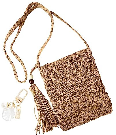 YSDYY 1 Damen-Einschultertasche aus Stroh, Sommer-All-Match-Strand-Umhängetasche, hohle Freizeittasche mit Quaste, 1 Strandmuschel-Accessoire-Anhänger mit Metallschnalle (hellbraune)