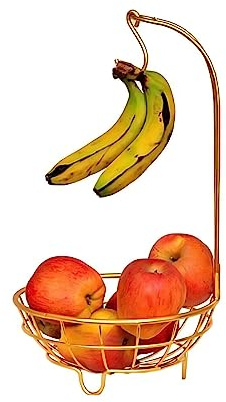 Reldor Metal Fruit Basket Holder with Banana Hanger Hook Kitchen Countertop Fruit Vegetables Rack Bowl Metal Storage Holder for Storing & Organizing Fruit Vegetables Eggs Breads Fruit Tree (GOLD)