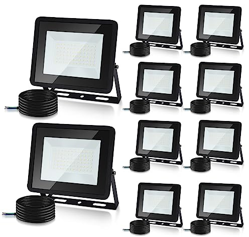 Lospitch Focos Led Exterior, 10PCS 100W IP66 Impermeable Foco Proyector LED, 8500LM Super Brillante 6000K Blanco Frío, Potente Luces Led Exterior para Terraza, Garaje (Sin Enchufe)
