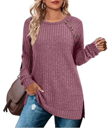 Aokosor Long Sleeve Tops Women Lightweight Jumpers Ladies Button Side Splits Tunic