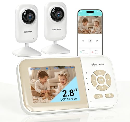 ebemate - Videocamera baby monitor con 2 telecamere, schermo LCD da 2,8, video e audio, visione notturna senza abbagliamento, telecamera audio per conversazione a 2 vie, controllo