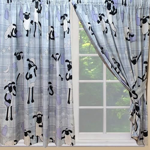 66 x 54 Shaun Sleep Curtain Set, Pencil Pleat With Tie Backs, Purple Lilac Grey Pillow Feathers Stars Moon Tartan Check Dreams