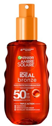 Garnier Ambre Solaire – Ideal Bronze – Huile Protectrice Sublimatrice de Bronzage – Très Haute Protection FPS 50+ - Enrichie à la Vitamine E – Non Gras – Non Collant – Tous Types de Peau - 150 ml