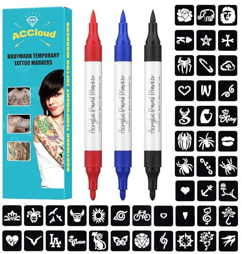 ACCloud Marcatori temporanei per tatuaggi per pelle, 3 Marcatori corpo+ 63 Tatuaggi Stencils Kit, Testa morbida a due colori Punta per progetti artistici, disegno, Kit trucco per Halloween