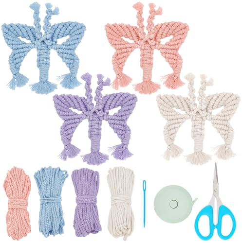 FREEBLOSS 4 Set DIY Makramee-Schmetterlings-Aufhängeset, 3D-Schmetterlings-Makramee-Hängeornament, Makramee-Set Für Anfänger Mit Video-Tutorials, Makramee-Set Für Erwachsene, Raumdekoration