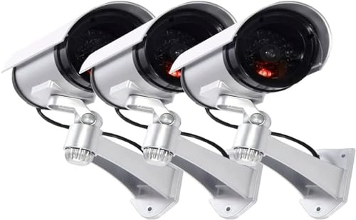 YASTA Telecamera da Esterno Finta 3 pz con Luce LED Lampeggiante Infrarossi per Interni ed Esterni Videocamera di Sorveglianza Realistica con Staffa Orientabile per Casa, Giardino