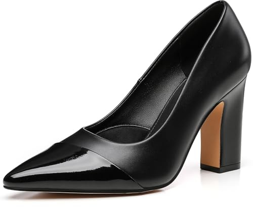 Trary Black Heels Closed Pointed Toe Chunky Pumps Shoes Women Comfortable Block High Heels Slip-On Office Party Wedding Dress Women's Shoes 3.54 Heel Size 8.5