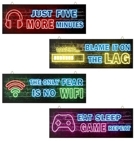 TNSLAND Lot de 4 Decoration Chambre Ado Panneaux en pour Jeu Poster de Jeu en Bois Images de Jeu Suspendues Ensemble de Tableaux Muraux pour Salon Tableaux Muraux pour Chambre à Coucher Decoration