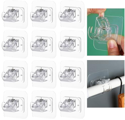 HHXUUAN 12 Pezzi Ganci per Tende Senza Bucare, Ganci Adesivi per Tendaggi Supporto,Staffa Autoadesiva per Asta Tende per Bagno, Cucina, Camera da Letto