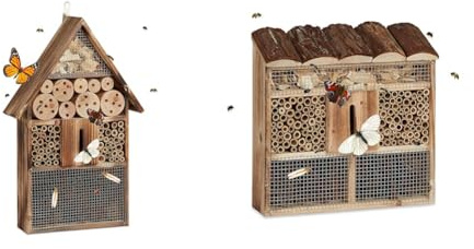 Relaxdays Insektenhotel 50 cm groß, Zum Aufhängen & Insektenhotel Zum Aufhängen, Bienenhotel, Schmetterlingshaus, Geflämmtes Holz, HBT: 31 x 30,5 x 9,5 cm, Natur