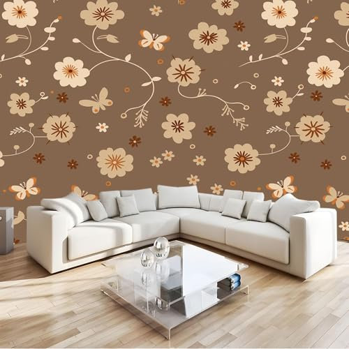 Fototapete Blumen Und Schmetterlinge 3D Effekt 400 x 280 cm - Fototapete Schlafzimmer Wohnzimmer Moderne Vliestapete XXL Wandtapete Motivtapeten 3d Effekt Dekoration - Braun