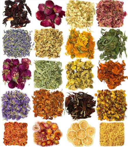 20 Packungen Arten Blüten Trockenblumen für Seife Getrocknete Blüten Getrocknete Blütenblätter Kräuter Kit Lavendel Rose Lily Jasmin...für DIY Handwerker Harz Kunst Bad Bomben Seife Kerze Machen.