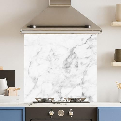 Toughened 6mm Glass Kitchen Splashback 70 x 65cm Veiny White Marble - Polished Heat Resistant Back Splash for Cookers Hob