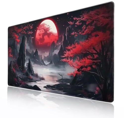 Riverside rotes Vollmond-Mauspad, japanische erweiterte Schreibtischunterlage, schwarz, rot, großes XXL-Mauspad, rutschfeste Gummiunterseite, genähter Rand, Lange Tastaturunterlage für Schreibtisch,