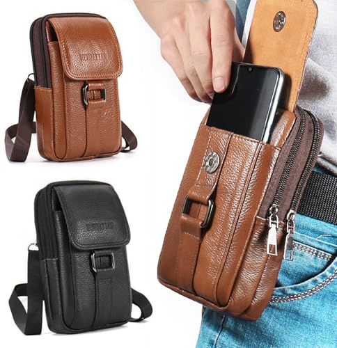 Handy Gürteltasche, Handytasche Gürtel Herren, Doppeltaschen, Gelbbraun | Gürteltasche Herren, Echtes Leder Hüfttasche, Männer Taschen mit Gürtelschlaufe, Umhängetaschen, Leder Tasche, 8zoll