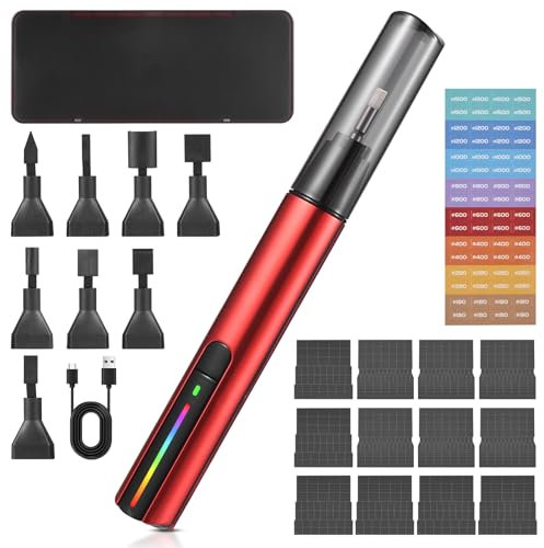 Detail Sander Tool, Colorful Light Cordless USB Charging Electric Pen Sander with 12 Sheet Self-Adhesive Sandpaper and Storage Box, 3 Speed Adjustable for Woodworking