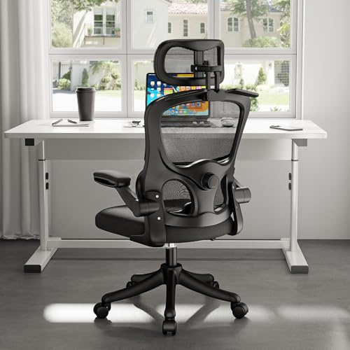 TUKAILAi Ergonomischer Bürostuhl, Chefsessel mit Lendenwirbelstütze und Kopfstütze, verstellbar, 90° hochklappbare Armlehne, hohe Rückenlehne, Netz-Drehstuhl für Heimbüroarbeit (Schwarz)