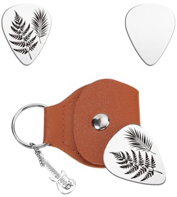 UNICRAFTALE 1 Stück Personalisierte Gitarrenplektren Geschenke Schlüsselanhänger Einseitig Graviertes Farnblatt Edelstahl Gitarrenplektrum Mit PU Lederetui Plektrum Gitarrenset Für Gitarrenspieler