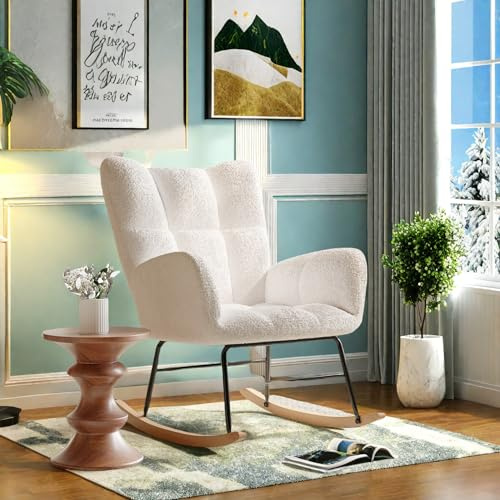 SHAODENG Schaukelstuhl Wohnzimmer, Relaxsessel mit Armlehnen, Sessel aus Teddy-Plüsch Schaukelsessel, Sonnenliege Gartenliege für Schlafzimmer, Balkon, Stilvolles Design, weiß