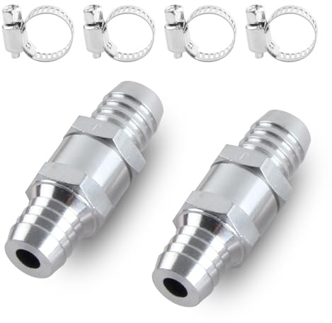 KEWAYO 2 Stück Aluminium Ventil Rückschlagventil (16mm) Kraftstoff Rückschlagventil für Benzin Dieselöl Wasser Chrom Auto Vergaser Niederdrucksystem Aluminium Mit 4 Schlauchschellen